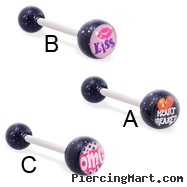 Straight barbell with black glitter logo balls, 14 ga