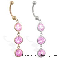 14K Gold belly ring with 3 dangling pink circle CZ