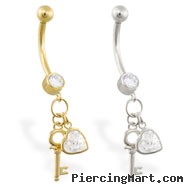 14K Gold belly ring with dangling CZ jeweled heart and key