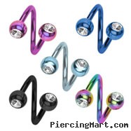 Titanium anodized twister barbell with jeweled balls, 14 ga