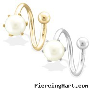 14K Gold Twister Barbell with 6mm White Pearl, 14Ga