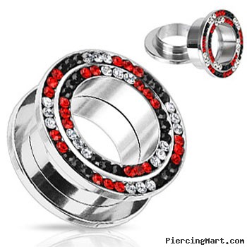 Pair Of Red And Black Jeweled Double Loop Screw-Fit Tunnels