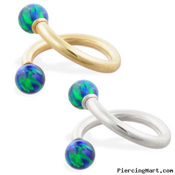 14K Gold twister barbell with Blue Green opal balls , 14ga