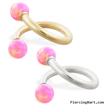 14K Gold twister barbell with Pink opal balls , 14ga