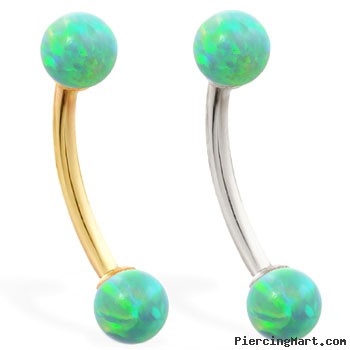 14K Gold curved barbell with Green opal balls
