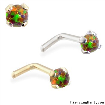 14K  gold L-shaped Nose Pin with 2mm Round Rainbow Opal