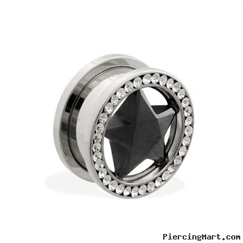 Pair Of Stainless Steel Screw Fit Tunnel with Black CZ Star And Jeweled Rim