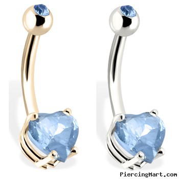 14K Gold Belly Button Ring with Aqua Heart-Shaped Stone And Jeweled Top Ball
